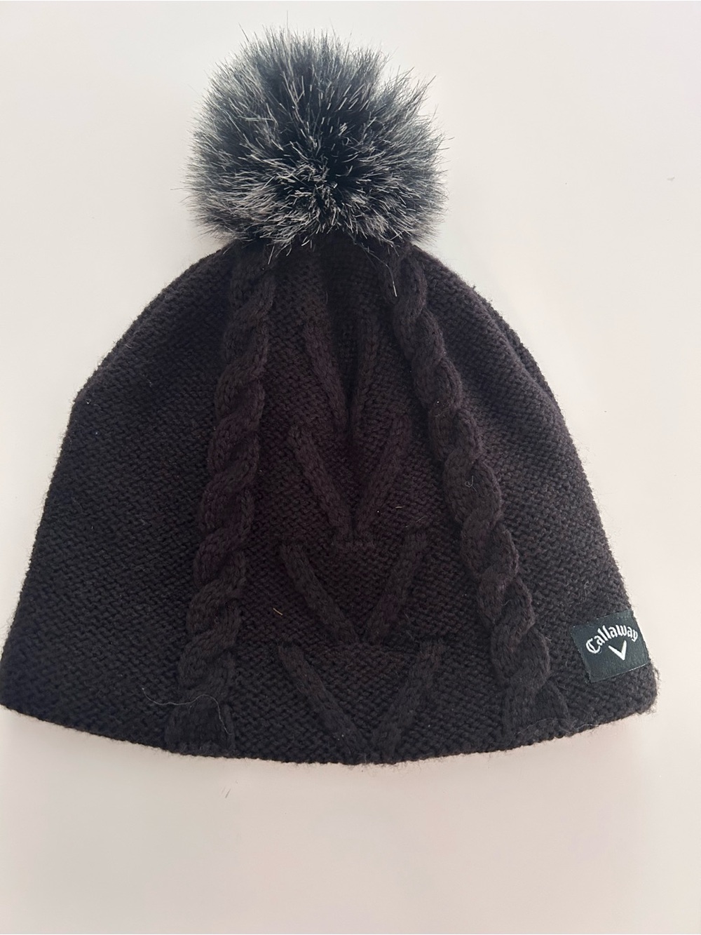 Callaway Black Cable Knit Beanie with Faux Fur Pom